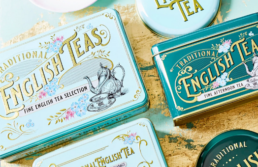 turquoise tins with writing on them new english teas